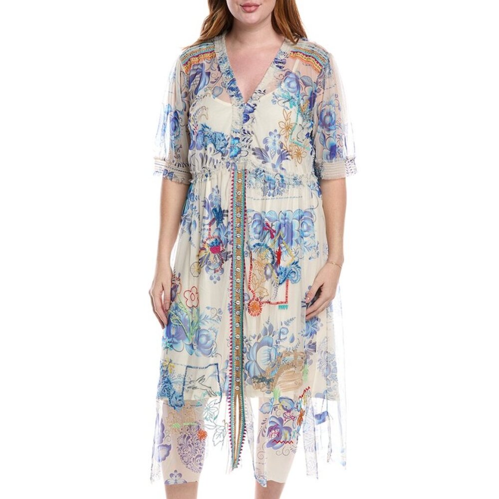 NWT Johnny Was Mazzy Embroidered Mesh Tie Dress Farrowen Blue XL
